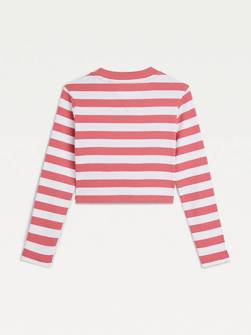 Red Tommy Hilfiger Stripe Crop Long Sleeve Girls' T Shirts | TH418BUS