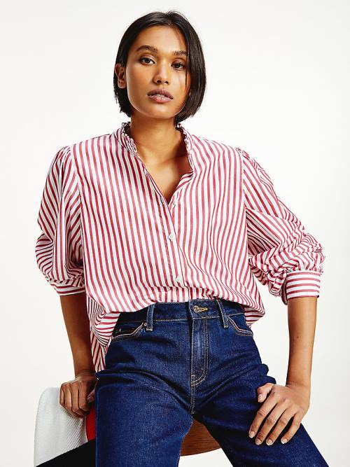 Red Tommy Hilfiger Stripe Relaxed Fit Frill Women\'s Blouse | TH573GYS