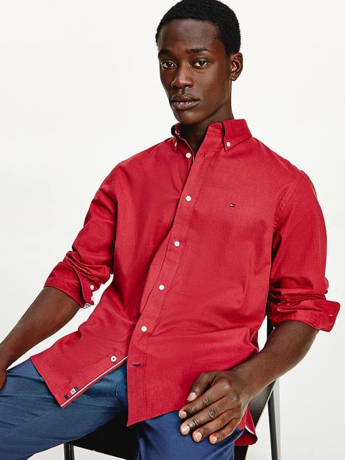 Red Tommy Hilfiger TH Flex Regular Fit Herringbone Men's Shirts | TH706AJN