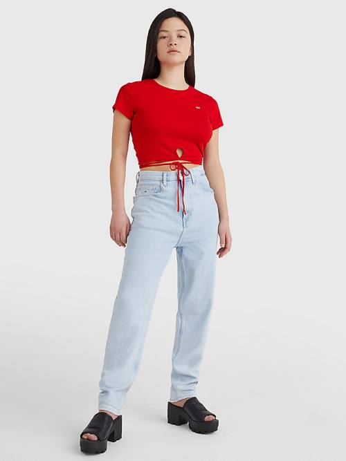 Red Tommy Hilfiger Tie Detail Cropped Women's T Shirts | TH428NUR