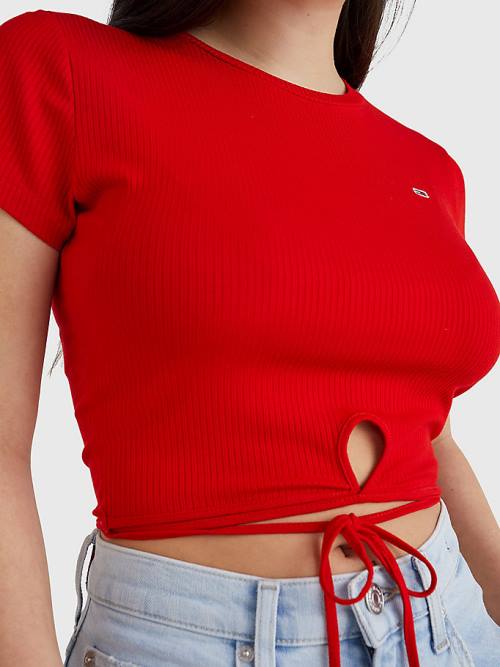 Red Tommy Hilfiger Tie Detail Cropped Women's T Shirts | TH428NUR