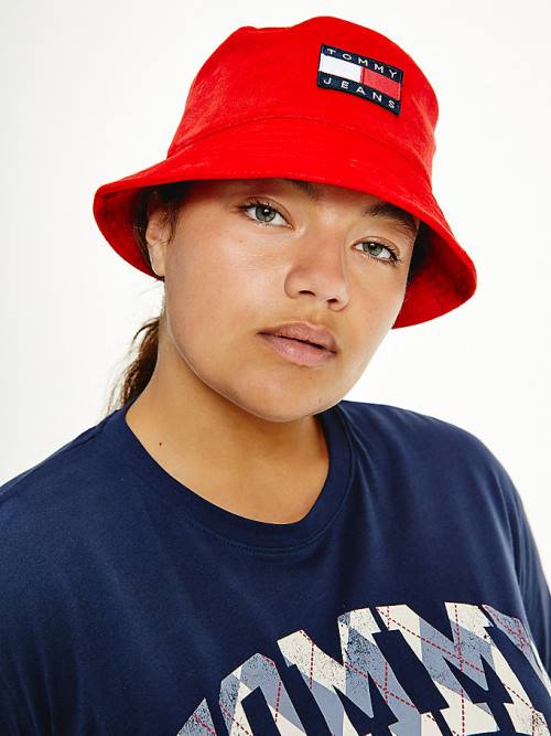 Red Tommy Hilfiger Tommy Badge Velvet Bucket Women's Hats | TH483CNI