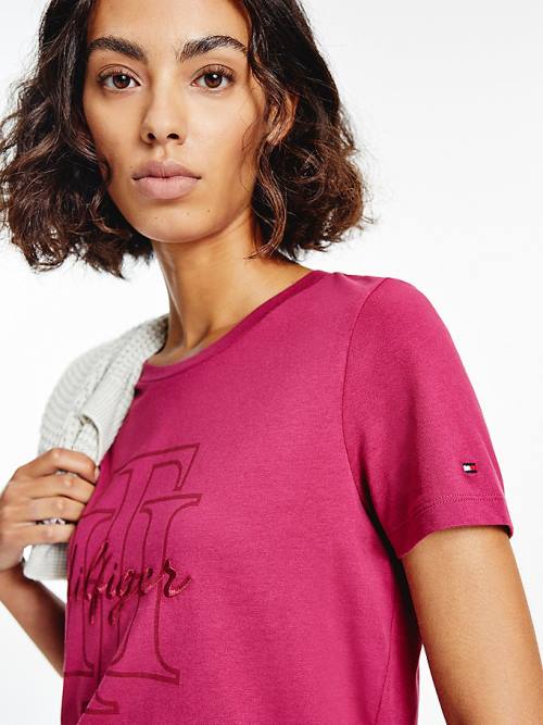 Red Tommy Hilfiger Tonal Script Logo Organic Cotton Women's T Shirts | TH241XKF