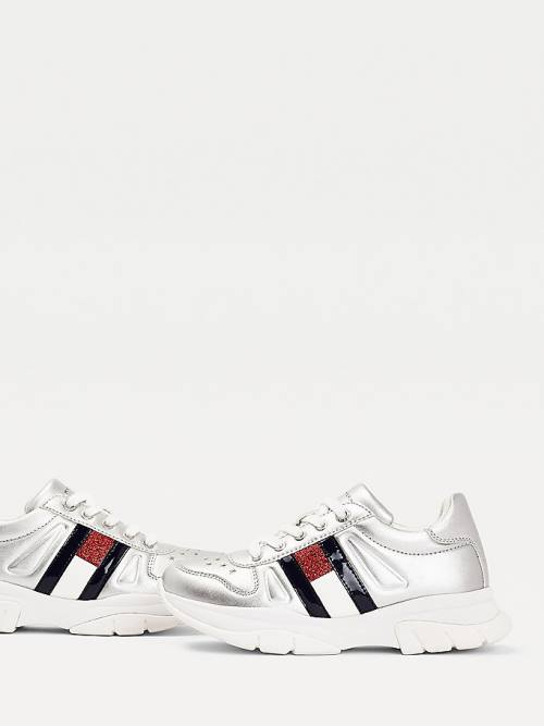 Silver Tommy Hilfiger Glitter Flag Metallic Girls' Sneakers | TH819QUK