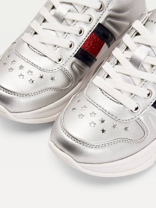 Silver Tommy Hilfiger Glitter Flag Metallic Girls' Sneakers | TH819QUK