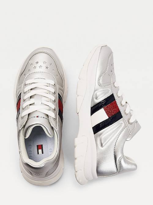 Silver Tommy Hilfiger Glitter Flag Metallic Girls' Sneakers | TH819QUK