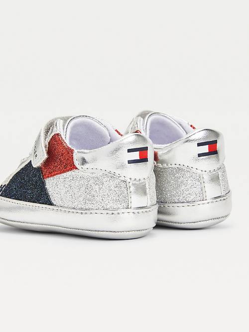 Silver Tommy Hilfiger Metallic Glitter Lace-Up Girls' Sneakers | TH258IKQ