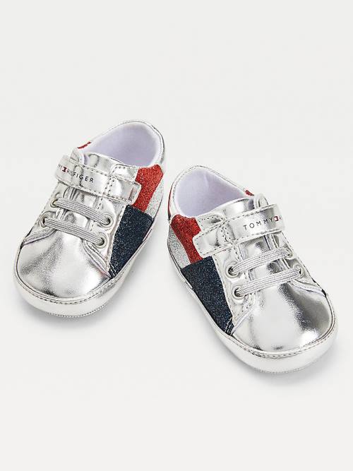 Silver Tommy Hilfiger Metallic Glitter Lace-Up Girls' Sneakers | TH258IKQ