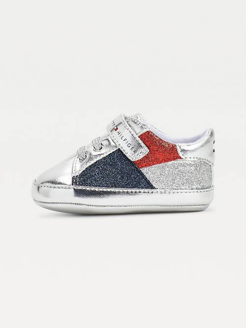 Silver Tommy Hilfiger Metallic Glitter Lace-Up Girls' Sneakers | TH258IKQ