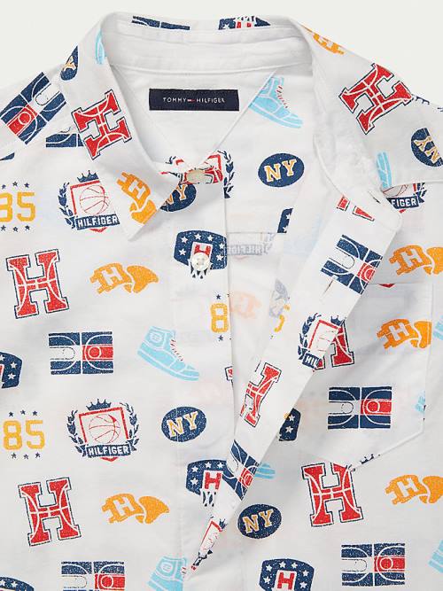 White Tommy Hilfiger Adaptive Basketball Print Short Sleeve Boys' Shirts | TH103ZXQ