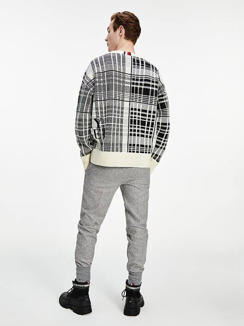 White Tommy Hilfiger All-Over Check Oversized Jumper Men's Sweaters | TH726GFO