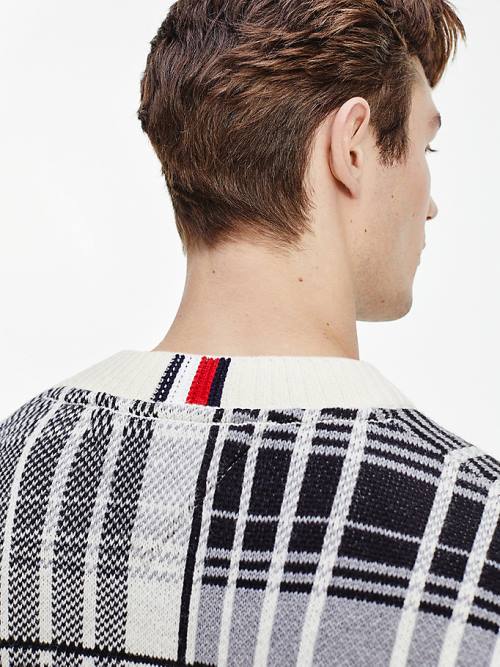 White Tommy Hilfiger All-Over Check Oversized Jumper Men's Sweaters | TH726GFO