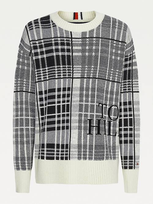 White Tommy Hilfiger All-Over Check Oversized Jumper Men's Sweaters | TH726GFO