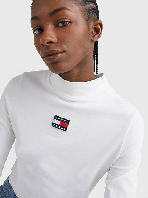 White Tommy Hilfiger Badge Mock Turtleneck Long Sleeve Women's T Shirts | TH541NGO