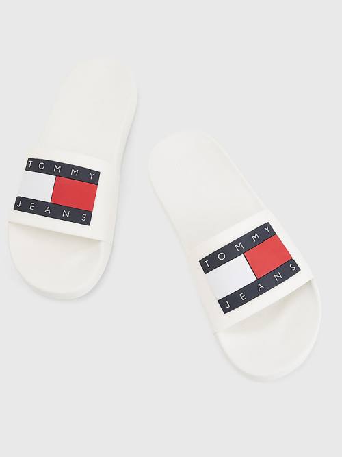 White Tommy Hilfiger Badge Pool Slides Men's Sandals | TH671REZ