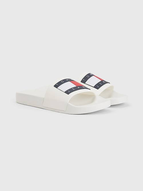 White Tommy Hilfiger Badge Pool Slides Men\'s Sandals | TH671REZ