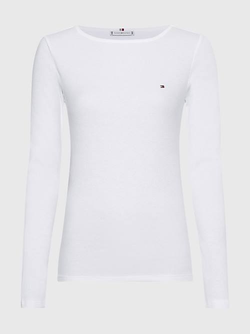 White Tommy Hilfiger Boat Neck Long Sleeve Skinny Women's T Shirts | TH386ZIO