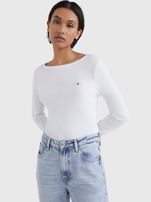 White Tommy Hilfiger Boat Neck Long Sleeve Skinny Women\'s T Shirts | TH386ZIO