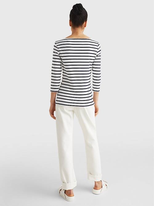 White Tommy Hilfiger Boat Neck Three-Quarter Sleeve Women's T Shirts | TH607RHJ