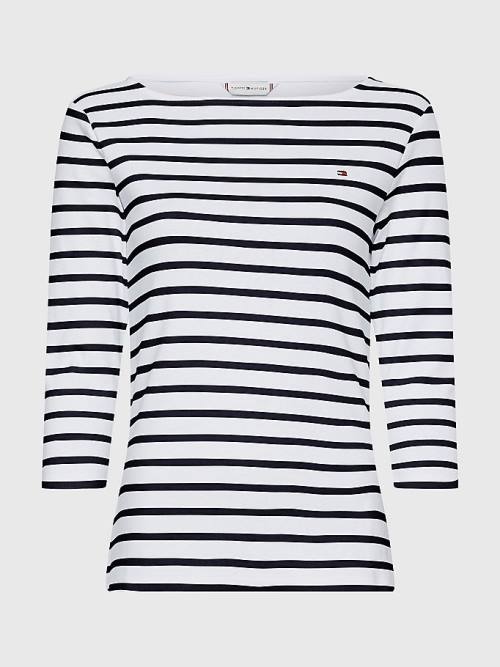 White Tommy Hilfiger Boat Neck Three-Quarter Sleeve Women's T Shirts | TH607RHJ