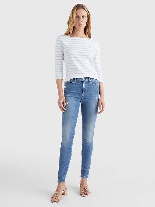 White Tommy Hilfiger Boat Neck Three-Quarter Sleeve Women's T Shirts | TH689QTR