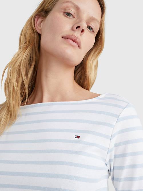 White Tommy Hilfiger Boat Neck Three-Quarter Sleeve Women's T Shirts | TH689QTR