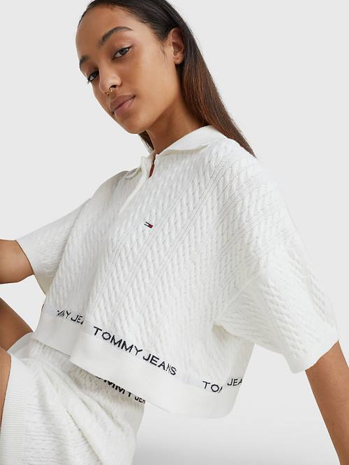 White Tommy Hilfiger Cable Knit Polo Collar Cropped Jumper Women's Sweaters | TH109KBT