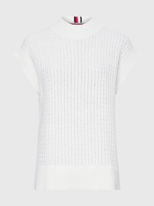 White Tommy Hilfiger Cable Mock Neck Relaxed Sweater Vest Women's Sweaters | TH370WEB