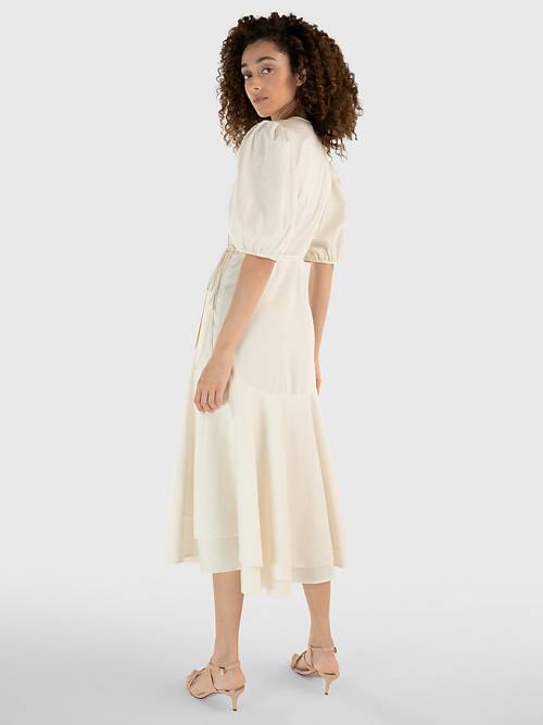 White Tommy Hilfiger Chintzed Poplin Wrap Women's Dress | TH573SCV