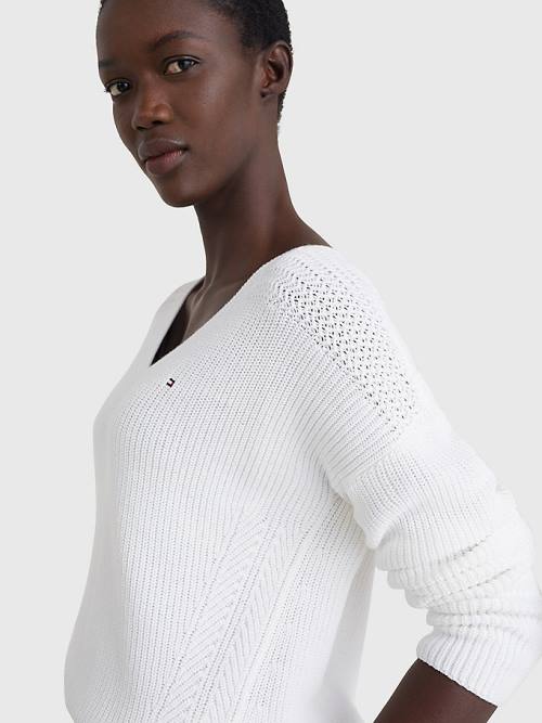 White Tommy Hilfiger Contrast Knit Relaxed Fit V-Neck Jumper Women's Sweaters | TH637OSB