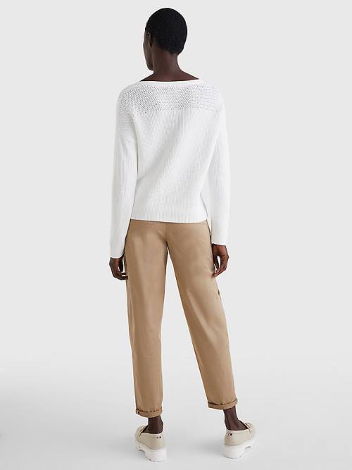 White Tommy Hilfiger Contrast Knit Relaxed Fit V-Neck Jumper Women's Sweaters | TH637OSB