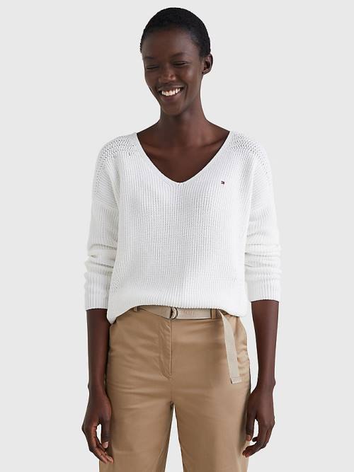 White Tommy Hilfiger Contrast Knit Relaxed Fit V-Neck Jumper Women\'s Sweaters | TH637OSB