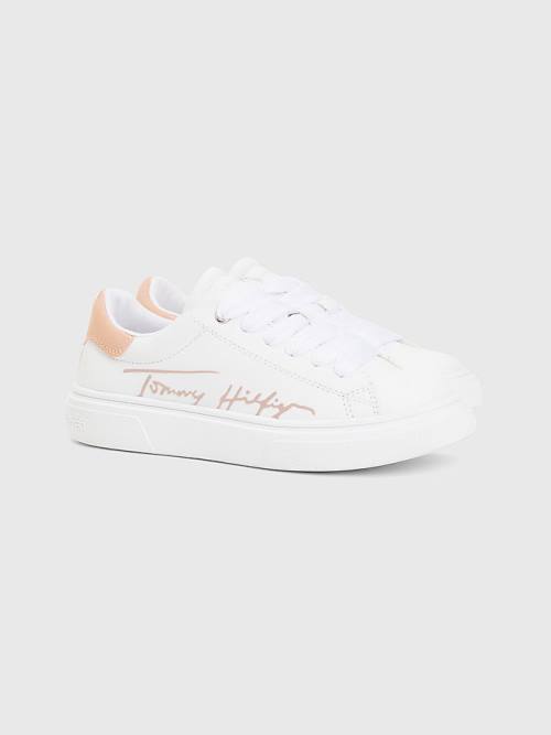 White Tommy Hilfiger Contrast Signature Logo Girls\' Sneakers | TH917WJS