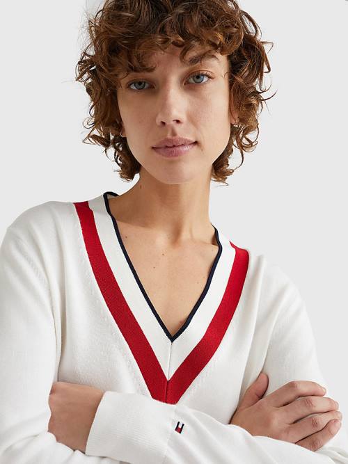 White Tommy Hilfiger Contrast V Neck Jumper Women's Sweaters | TH581LHE