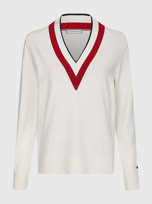 White Tommy Hilfiger Contrast V Neck Jumper Women's Sweaters | TH581LHE