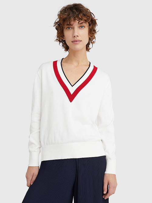 White Tommy Hilfiger Contrast V Neck Jumper Women\'s Sweaters | TH581LHE