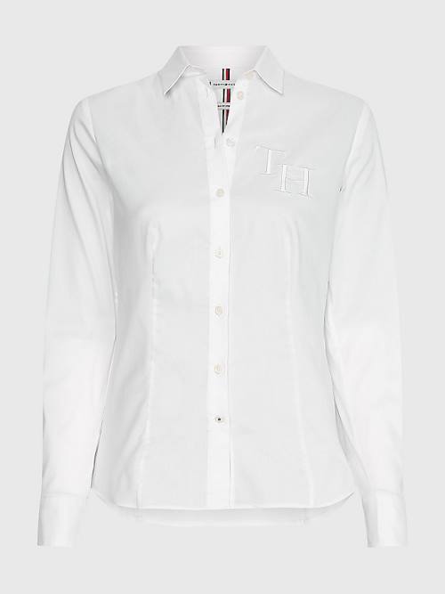 White Tommy Hilfiger Cotton Poplin Monogram Slim Fit Women's Shirts | TH640OYC