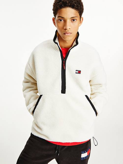 White Tommy Hilfiger Cozy Tommy Badge Sherpa Half-Zip Sweatshirt Men's Hoodie | TH136FQA