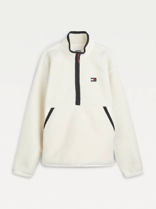 White Tommy Hilfiger Cozy Tommy Badge Sherpa Half-Zip Sweatshirt Men's Hoodie | TH136FQA