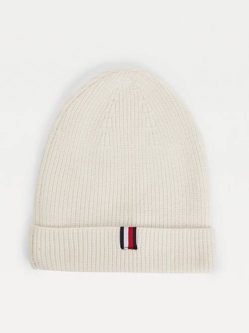 White Tommy Hilfiger Crest Embroidery Beanie Men's Hats | TH825QMB