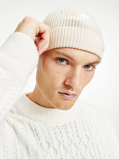 White Tommy Hilfiger Crest Embroidery Beanie Men's Hats | TH825QMB