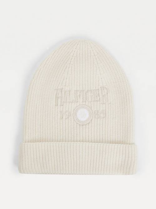 White Tommy Hilfiger Crest Embroidery Beanie Men\'s Hats | TH825QMB