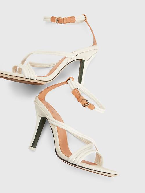 White Tommy Hilfiger Crest Strap High Heel Leather Women's Sandals | TH792KBQ