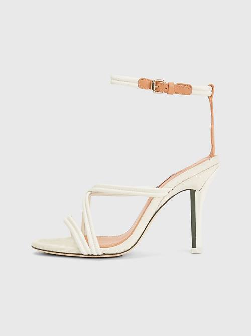 White Tommy Hilfiger Crest Strap High Heel Leather Women's Sandals | TH792KBQ