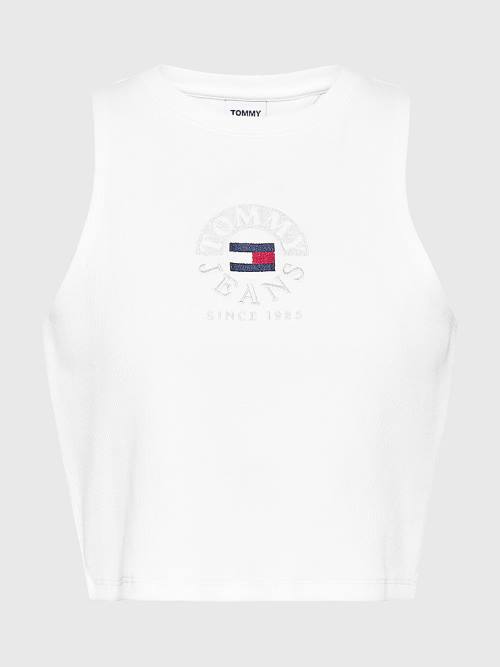 White Tommy Hilfiger Cropped Logo Tank Top Women's T Shirts | TH921XZF