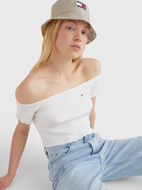 White Tommy Hilfiger Cropped Off-The-Shoulder Women's T Shirts | TH029XPY