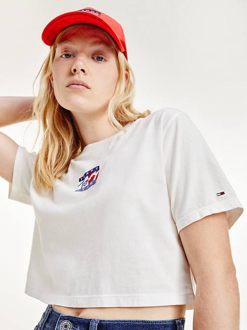 White Tommy Hilfiger Cropped Pure Organic Cotton Logo Women's T Shirts | TH953ABO