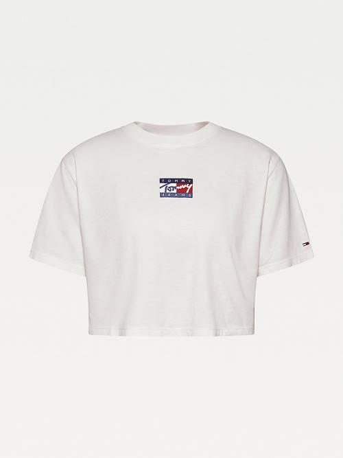 White Tommy Hilfiger Cropped Pure Organic Cotton Logo Women's T Shirts | TH953ABO