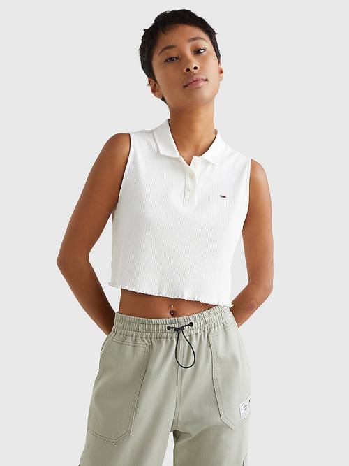 White Tommy Hilfiger Cropped Sleeveless Rib Women\'s Polo Shirts | TH168CTS