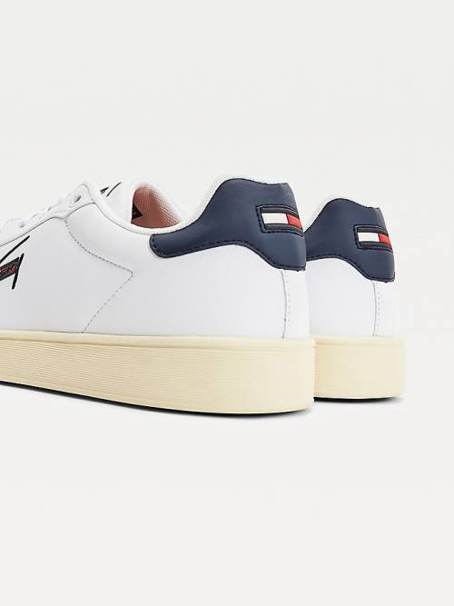 White Tommy Hilfiger Cupsole Leather Logo Men's Sneakers | TH240BMA